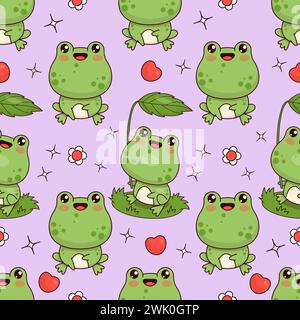 Motivo senza cuciture con rane felici su sfondo viola. Carino personaggio kawaii animale. Illustrazione vettoriale. Collezione bambini Illustrazione Vettoriale