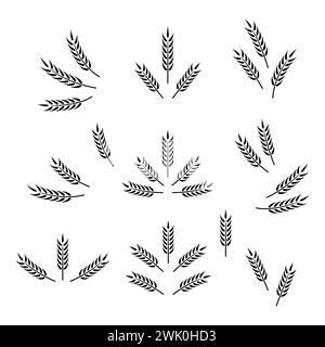 Set di icone Flat Vector Agriculture Wheat isolate. Orecchie di grano e riso biologico. Modello di progettazione per pane, logo della birra, imballaggio, etichette per l'agricoltura Illustrazione Vettoriale