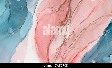 Bellissimo sfondo con macchie e inchiostro alcolico. Arte blu astratta, rossa con oro. Foto Stock