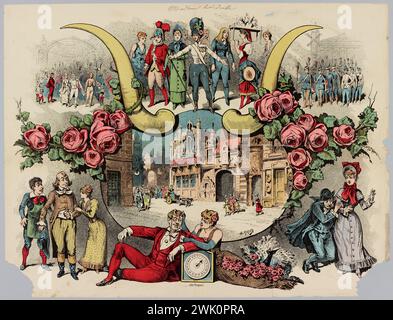 Meyer, Henri (n.1844 - D.1899), Madame le Diable (nome utente), 1882. Litografia a colori. Museo Carnavalet, storia di Parigi. Pubblicità, teatro, Parigi, 10° arrondissement, Féerie, Operette, Henri Meilhac (1830-1897), Arnold Mortier (1843-1885), Gaston Serpette (1846-1904), Henri Robecchi (1827-1889), Jeanne Granier (1852-1939), Marie Desclauzas (Malvina Ernestine Armand, dit) (1841-1912), Alfred Jolly (1839-1891), Lefèvre, Malard (o Maldlard), Bonnet, Jannin, Charvet, varie scene, nell'alto gruppo di personaggi vestiti in stile Impero, nella parte inferiore di ogni lato di un quadrante, un uomo e una W Foto Stock