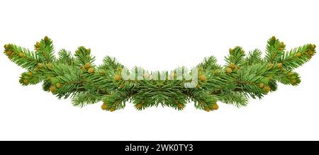 Bordo verde natalizio del ramo di pino, isolato su sfondo bianco. Decorazioni natalizie con ghirlande. Bordo dell'albero di natale del ramo. Poster per Natale e. Foto Stock