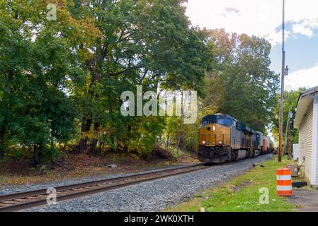 Potente locomotiva diesel che tira un treno container in una soleggiata mattinata d'autunno Foto Stock