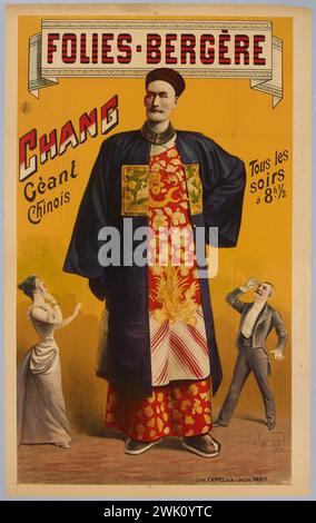 Jacobi, Folies-Bergere/ Chang/ Géant/ Cinese/ ogni/ sera/ alle 8.1/2 (titolo registrato (lettera)), 1891. Litografia a colori. Museo Carnavalet, storia di Parigi. Pubblicità, caffè-concerto, sala concerti, Parigi, 9° arrondissement, circo, fenomeno, gigante, Cina, un uomo alto vestito di cinese vicino a una donna normale e a un uomo che lo guarda Foto Stock