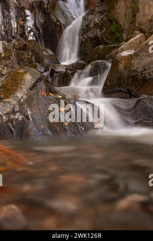 Catturando l'eterea bellezza dell'acqua fluente, questa fotografia impiega una tecnica di esposizione lunga, che produce una sfocatura ipnotizzante che evoca un senso Foto Stock