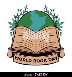 Giornata mondiale del libro 23 aprile. Una pila di libri colorati con un libro aperto su sfondo verde acqua. Illustrazione del vettore Education. Illustrazione Vettoriale