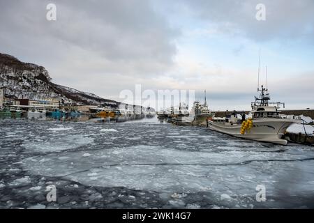 Barche da pesca in un porto ghiacciato. Rausu, Hokkaido, Giappone. Foto Stock