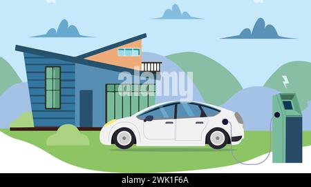 Illustrazione vettoriale di un'auto elettrica in carica. Trasporti ecologici e sostenibili. Energia rinnovabile, energia verde, ecologia, natura Illustrazione Vettoriale