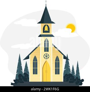 Illustrazione vettoriale di una chiesa tradizionale immersa nella natura. Sfumature gialle tenui ed elegante design architettonico. È possibile utilizzare per banner e poster Illustrazione Vettoriale