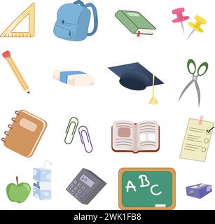 Collezione Colorful School Supplies. Set di illustrazioni vettoriali di vari materiali didattici. Illustrazione Vettoriale