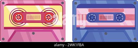 Illustrazione vettoriale dei nastri a cassetta nostalgici. Due vecchie cassette audio compatte dallo stile retrò. Illustrazione Vettoriale
