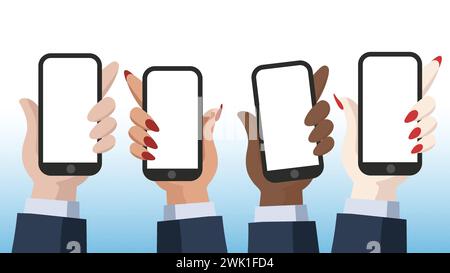 Mani di tonalità della pelle diverse, ciascuna con uno smartphone e uno schermo vuoto, simboleggiano l'accesso alla tecnologia mobile. social media, concetti tecnologici. Illustrazione Vettoriale