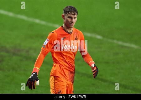 Swansea, Regno Unito. 17 febbraio 2024. Carl Rushworth, il portiere di Swansea City guarda. Partita del campionato EFL Skybet, Swansea City contro Ipswich Town allo Stadio Swansea.com di Swansea, Galles, sabato 17 febbraio 2024. Questa immagine può essere utilizzata solo per scopi editoriali. Solo per uso editoriale, foto di Andrew Orchard/Andrew Orchard fotografia sportiva/Alamy Live news credito: Andrew Orchard fotografia sportiva/Alamy Live News Foto Stock