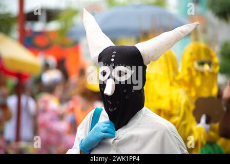 Maragogipe, Bahia, Brasile - 11 febbraio 2024: Durante il carnevale nella città di Maragogipe, a Bahi, si vedono persone vestite in stile carnevale veneziano Foto Stock