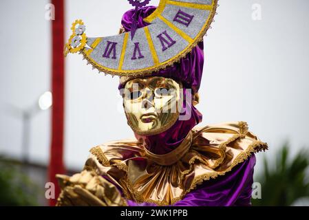 Maragogipe, Bahia, Brasile - 11 febbraio 2024: Durante il carnevale nella città di Maragogipe, a Bahi, si vedono persone vestite in stile carnevale veneziano Foto Stock