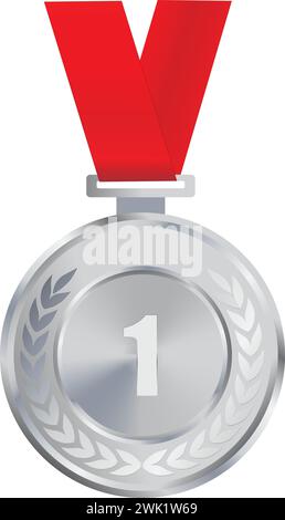 Realistico Silver Medal Vector, 1° Silver Award, 1° premio, Silver Ribbon Challenge Award, vincitore Medal Award, trofeo primo posto, vincitore Silver Coin Illustrazione Vettoriale