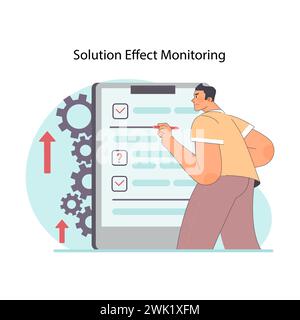 Concetto di monitoraggio degli effetti della soluzione. Uomo che controlla il processo di lavoro, che controlla la lista. Valutazione diligente e monitoraggio dei progressi. Valutazione sistematica dei risultati. Illustrazione vettoriale piatta Illustrazione Vettoriale