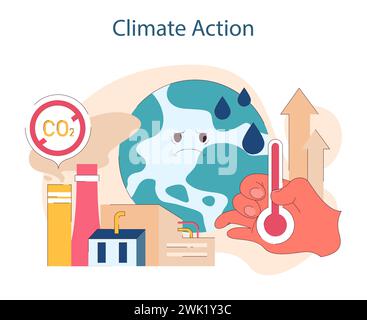 Azione per il clima. Affrontare il riscaldamento globale attraverso la riduzione delle emissioni e pratiche sostenibili. A favore di un pianeta più fresco. Illustrazione vettoriale piatta Illustrazione Vettoriale