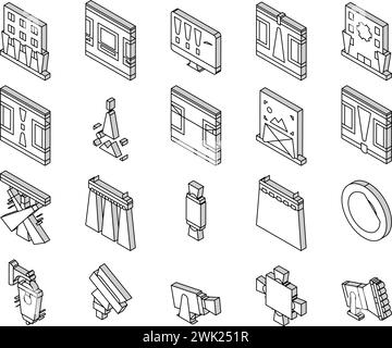 Le icone isometriche della collezione di strumenti per l'illuminazione delle facciate impostano il vettore Illustrazione Vettoriale