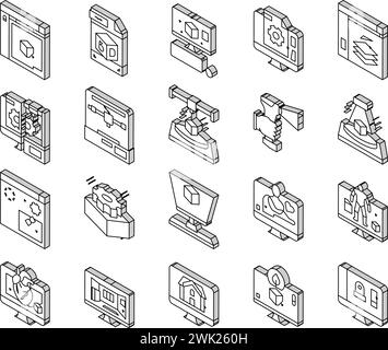 Le icone isometriche del software di modellazione 3d e del dispositivo impostano il vettore Illustrazione Vettoriale