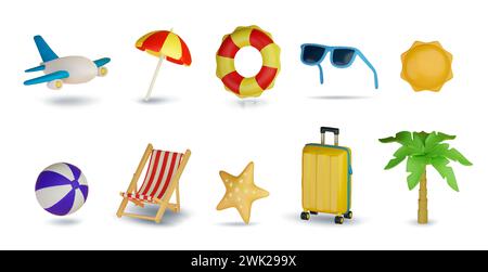 set 3d di icone di viaggio su sfondo bianco. Vacanze, aereo, palma, occhiali da sole, lettino, nuoto, sole, valigia, palla e ombrello. Vettore Illustrazione Vettoriale