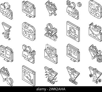 le icone isometriche per la generazione di lead marketing impostano il vettore Illustrazione Vettoriale
