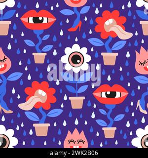 Motivo senza cuciture di piante folli in stile cartoni animati piatto. Fiori vettoriali disegnati a mano e api in stile cartoni animati piatto su blu scuro Illustrazione Vettoriale