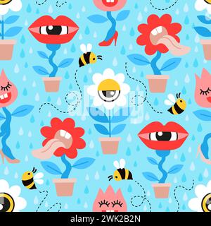 Motivo senza cuciture di piante folli in stile cartoni animati piatto. Fiori vettoriali disegnati a mano e api in stile cartoni animati piatto su sfondo blu Illustrazione Vettoriale