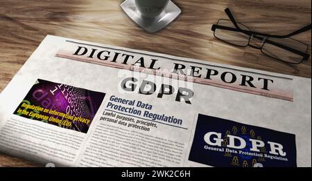 regolamento generale sulla protezione dei dati GDPR quotidiano in discussione. Titoli notizie illustrazione 3d del concetto astratto. Foto Stock