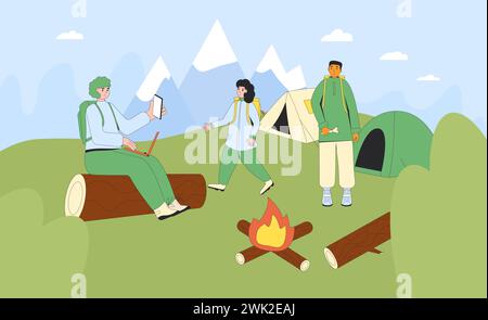 Viaggi in famiglia, campeggio per turisti. Picnic per le vacanze dei personaggi escursionistici. Spedizione con la gente. Madre, padre e figlia nella foresta. Illustrazione piatta vettoriale Illustrazione Vettoriale