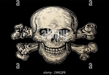 Cranio umano su sfondo nero. Bandiera dei pirati con la malvagia Jolly Roger con le ossa incrociate. Illustrazione vettoriale vintage Illustrazione Vettoriale