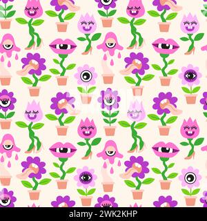 Struttura senza cuciture delle piante domestiche. Pazza discoteca con fiori rosa e viola in stile cartoni animati piatti su sfondo giallo chiaro Illustrazione Vettoriale