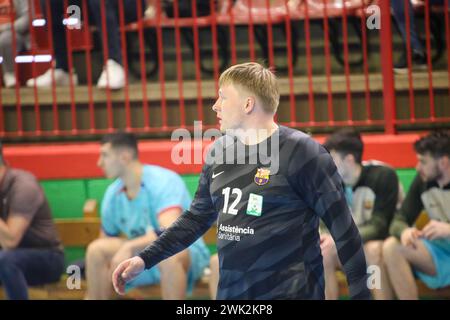 Torrelavega, Spagna. 17 febbraio 2024. Torrelavega, Spagna, 17 febbraio 2024: Il portiere di Barca, Emil Nielsen (12), durante la 18a partita della Plenitude League tra Bathco BM. Torrelavega e Barca, il 17 febbraio 2024, presso il Padiglione Municipale Vicente Trueba di Torrelavega, Spagna. (Foto di Alberto Brevers/Pacific Press) credito: Pacific Press Media Production Corp./Alamy Live News Foto Stock