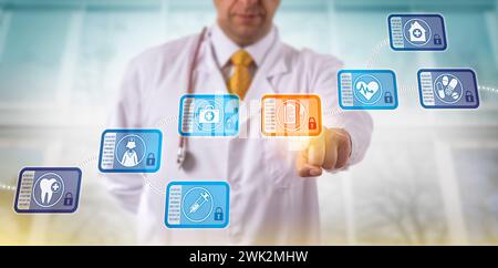 Medico irriconoscibile che accede alle cartelle cliniche selezionando un blocco di dati in una blockchain sanitaria. Tecnologia Internet nel concetto di assistenza sanitaria per d Foto Stock