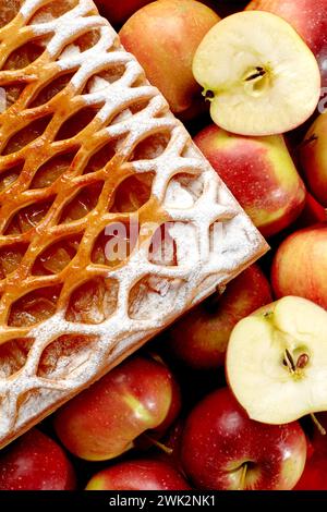 galette di frutta a graticcio dolce su tovaglia a scacchi con mele mature Foto Stock