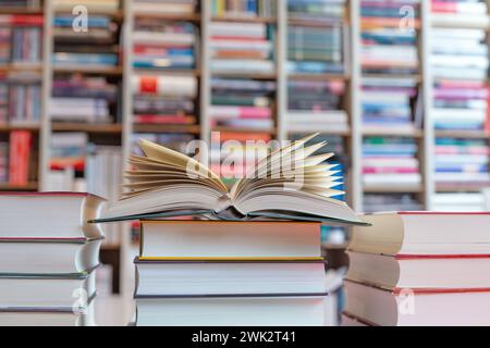 Apri il romanzo sulla pila di libri davanti allo scaffale Foto Stock