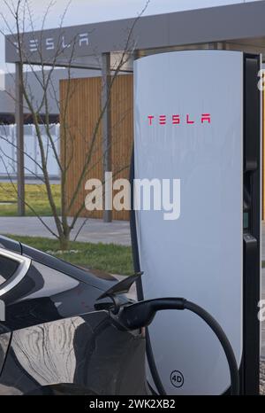 Berlino, Germania - 4 febbraio 2024: Una foto statica della ricarica Tesla Model 3 e Y presso le stazioni di ricarica Gigafactory Supercharger e CA in una soleggiata giornata invernale. Se Foto Stock