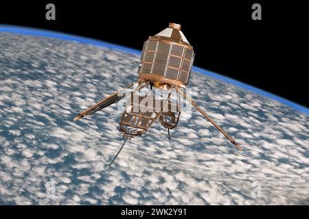 Modello del satellite spaziale Ariel scientifico e di ricerca sopra la Terra e le nuvole. Esperimenti su radiazioni elettromagnetiche e particelle cariche ad alta energia. Foto Stock