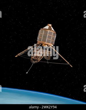 Modello del satellite spaziale Ariel per la ricerca scientifica. Al di sopra dell'orizzonte terrestre alle stelle. Esperimenti su radiazioni elettromagnetiche e particelle cariche di energia Foto Stock