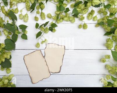 Luppolo verde fresco su un vecchio tavolo di legno. Carta ruvida vecchia. Concetto. Estrazione. Erbe curative. Medicina erboristica. Ricette. Vista dall'alto. Luce del giorno. Foto Stock