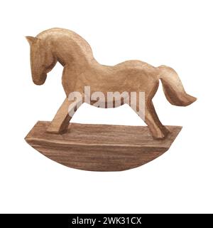 Illustrazione ad acquerello di un cavallo di legno per bambini su sfondo bianco. Foto Stock