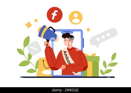 Supporto dell'ambasciatore del marchio nella campagna pubblicitaria e nel marketing di coinvolgimento. Piccolo uomo con megafono che parla con il pubblico, ripubblica e condividi i contenuti del marchio dall'illustrazione vettoriale dei cartoni animati sullo schermo del telefono Illustrazione Vettoriale