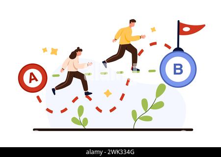 Metodi semplici e complessi per risolvere problemi aziendali complessi. Due piccole persone che corrono dal punto A al punto B, uomo che sceglie scorciatoia in linea retta, donna su un percorso difficile illustrazione vettoriale di cartoni animati Illustrazione Vettoriale