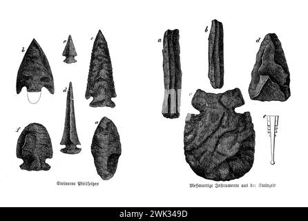 Archeologia della civiltà dell'età della pietra, punte delle frecce e strumenti di taglio della pietra Foto Stock