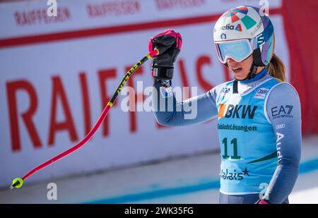 Crans-Montana, Vallese, Svizzera. 18 febbraio 2024. Crans-Montana Svizzera, 18/02/2024: Marta BASSINO d'Italia durante la Coppa del mondo FIS Crans Montana. La Coppa del mondo FIS Crans Montana si è svolta presso il famoso parco sciistico di Crans-Montana in Svizzera. (Immagine di credito: © Eric Dubost/ZUMA Press Wire) SOLO PER USO EDITORIALE! Non per USO commerciale! Foto Stock