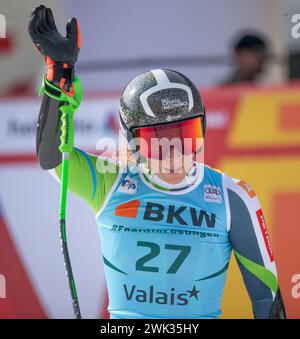 Crans-Montana, Vallese, Svizzera. 18 febbraio 2024. Crans-Montana Svizzera, 18/02/2024: Ilka STUHEC della Slovenia durante la Coppa del mondo FIS Crans Montana. La Coppa del mondo FIS Crans Montana si è svolta presso il famoso parco sciistico di Crans-Montana in Svizzera. (Immagine di credito: © Eric Dubost/ZUMA Press Wire) SOLO PER USO EDITORIALE! Non per USO commerciale! Foto Stock