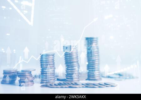 Finanza e investimenti. Gestione del denaro e grafico finanziario. Doppia esposizione del grafico, righe di monete per il concetto finanziario e commerciale. Autobus di investimento Foto Stock