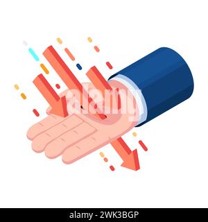 Perforazione con freccia a caduta isometrica 3d piatta attraverso la mano di un uomo d'affari. Concetto di rischio di investimento e tendenza al ribasso del mercato azionario. Illustrazione Vettoriale