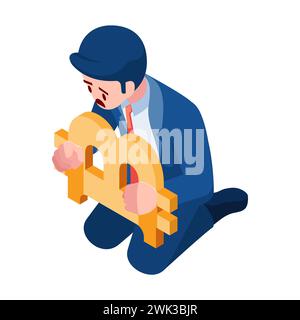Uomo d'affari isometrico 3d con manette Bitcoin Symbol. Bitcoin e Cryptocurrency Investment Crisis. Illustrazione Vettoriale