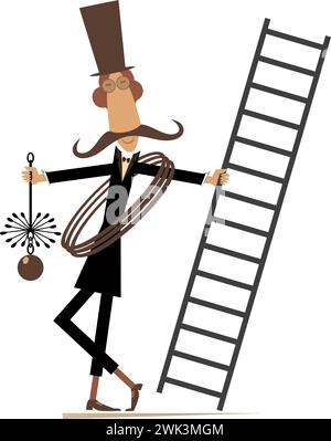 Spazzatrice per camini cartoni animati. Divertente spazzatrice di camini nel cappello con una corda, spazzole per camini e scala. Isolato su sfondo bianco Illustrazione Vettoriale