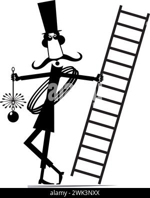 Spazzatrice per camini cartoni animati. Divertente spazzatrice di camini nel cappello con una corda, spazzole per camini e scala. Illustrazione in bianco e nero Illustrazione Vettoriale